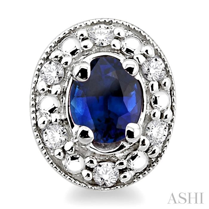 4x3 MM Oval Shaped Sapphire and 1/10 Ctw Round Cut Diamond Earrings in 10K White Gold