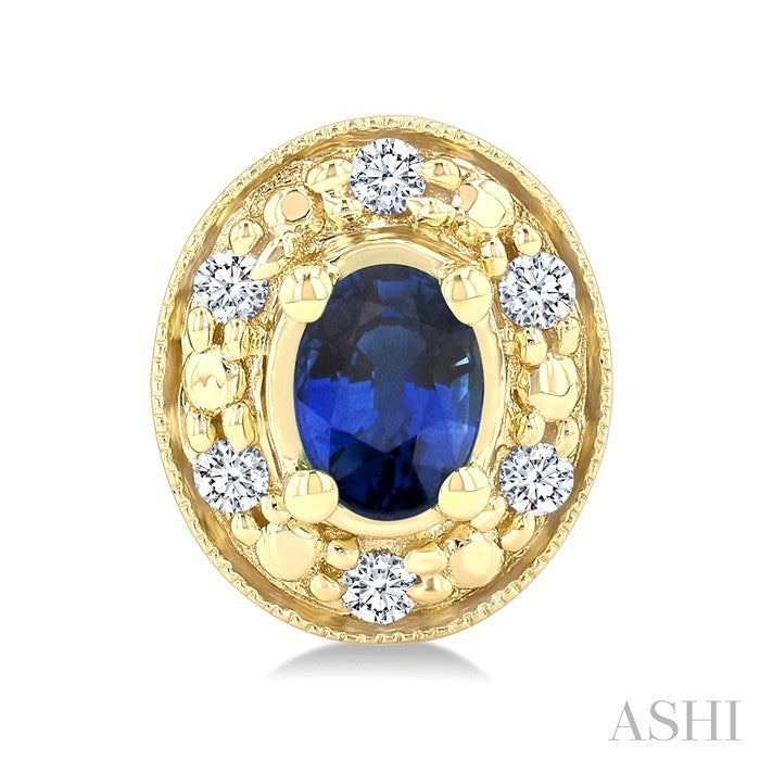 4x3 MM Oval Shaped Sapphire and 1/10 Ctw Round Cut Diamond Earrings in 10K Yellow Gold
