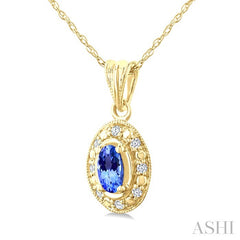 5x3 MM Oval Shape Tanzanite and 1/20 Ctw Round Cut Diamond Pendant in 14K Yellow Gold with Chain