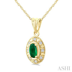 5x3 MM Oval Shape Emerald and 1/20 Ctw Round Cut Diamond Pendant in 10K Yellow Gold with Chain