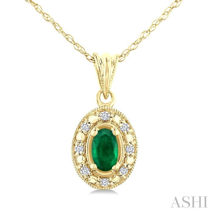 5x3 MM Oval Shape Emerald and 1/20 Ctw Round Cut Diamond Pendant in 10K Yellow Gold with Chain