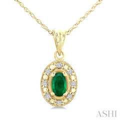 5x3 MM Oval Shape Emerald and 1/20 Ctw Round Cut Diamond Pendant in 10K Yellow Gold with Chain