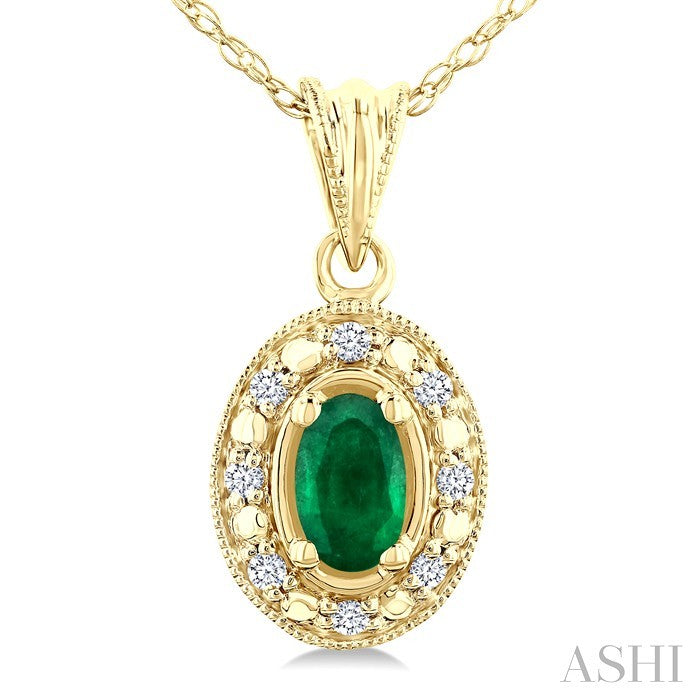 5x3 MM Oval Shape Emerald and 1/20 Ctw Round Cut Diamond Pendant in 10K Yellow Gold with Chain