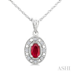5x3 MM Oval Shape Ruby and 1/20 Ctw Round Cut Diamond Pendant in 10K White Gold with Chain.