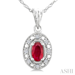 5x3 MM Oval Shape Ruby and 1/20 Ctw Round Cut Diamond Pendant in 10K White Gold with Chain.