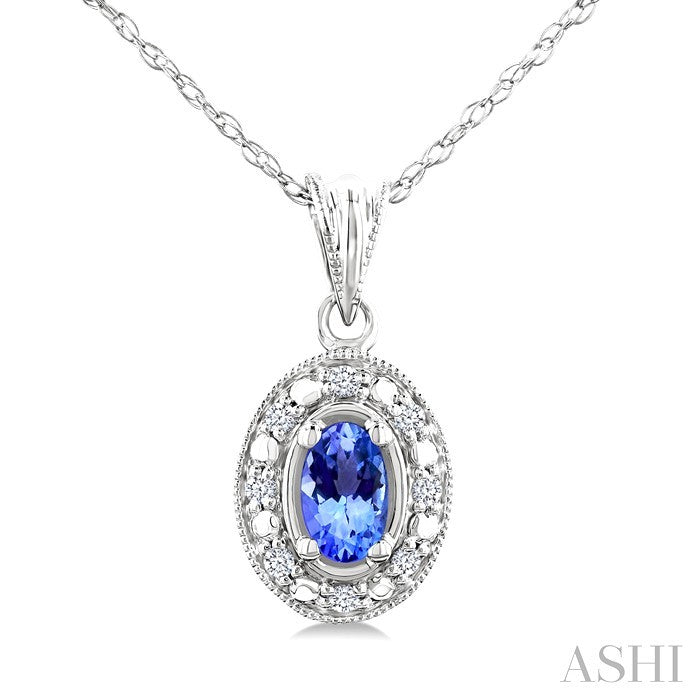 5x3 MM Oval Shape Tanzanite and 1/20 Ctw Round Cut Diamond Pendant in 10K White Gold with Chain