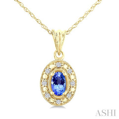 5x3 MM Oval Shape Tanzanite and 1/20 Ctw Round Cut Diamond Pendant in 10K Yellow Gold with Chain