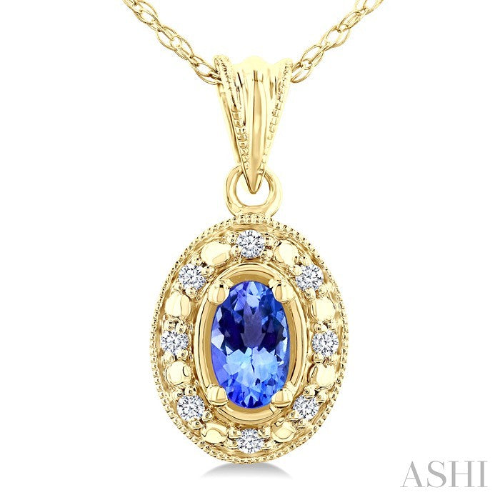 5x3 MM Oval Shape Tanzanite and 1/20 Ctw Round Cut Diamond Pendant in 10K Yellow Gold with Chain