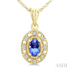 5x3 MM Oval Shape Tanzanite and 1/20 Ctw Round Cut Diamond Pendant in 10K Yellow Gold with Chain