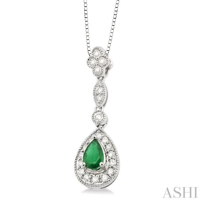 6x4 MM Pear Shape Emerald and 1/4 Ctw Round Cut Diamond Pendant in 14K White Gold with Chain