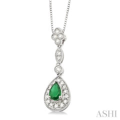 6x4 MM Pear Shape Emerald and 1/4 Ctw Round Cut Diamond Pendant in 14K White Gold with Chain