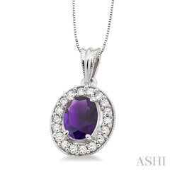 8x6 MM Oval Cut Amethyst and 1/3 Ctw Round Cut Diamond Pendant in 14K White Gold with Chain