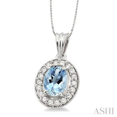 8x6 MM Oval Cut Aquamarine and 1/3 Ctw Round Cut Diamond Pendant in 14K White Gold with Chain