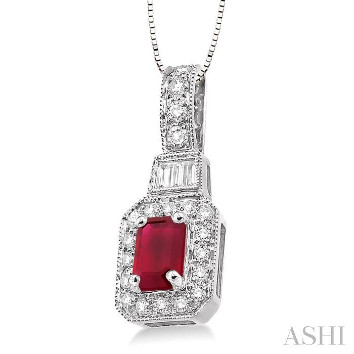 7x5 MM Emerald Shape Ruby and 1/2 Ctw Round and Baguette Cut Diamond Pendant in 14K White Gold with Chain