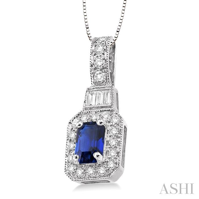 7x5 MM Emerald Shape Sapphire and 1/2 Ctw Round and Baguette Cut Diamond Pendant in 14K White Gold with Chain