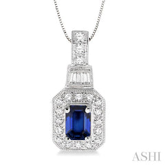 7x5 MM Emerald Shape Sapphire and 1/2 Ctw Round and Baguette Cut Diamond Pendant in 14K White Gold with Chain
