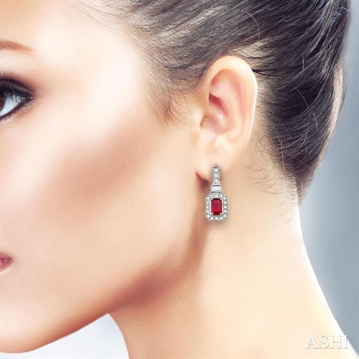 5x3 MM Emerald Shape Ruby and 1/4 Ctw Round and Baguette Cut Diamond Earrings in 14K White Gold