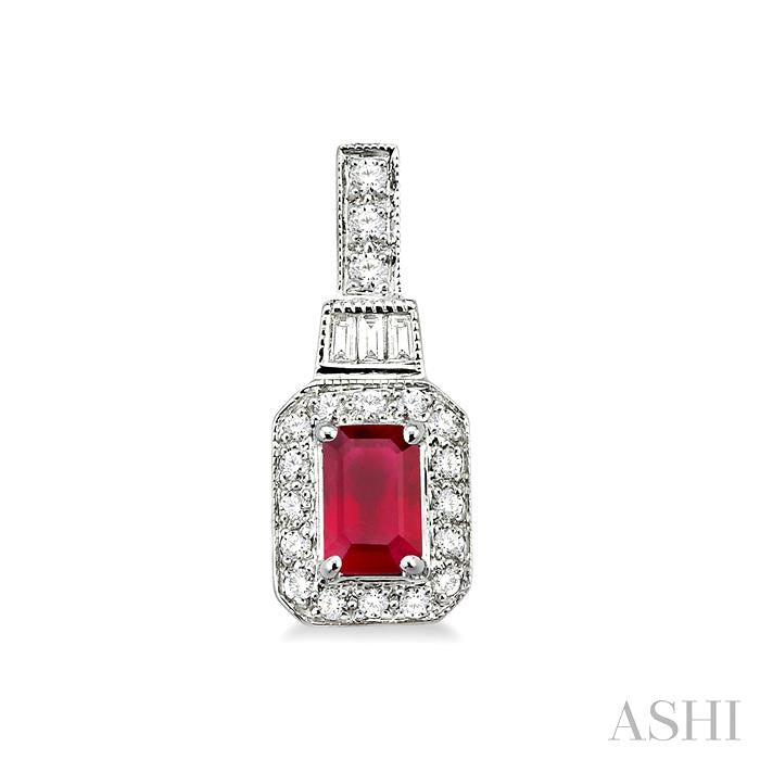 5x3 MM Emerald Shape Ruby and 1/4 Ctw Round and Baguette Cut Diamond Earrings in 14K White Gold