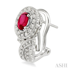 6x4 MM Oval Cut Ruby and 1 Ctw Round Cut Diamond Precious Earrings in 14K White Gold
