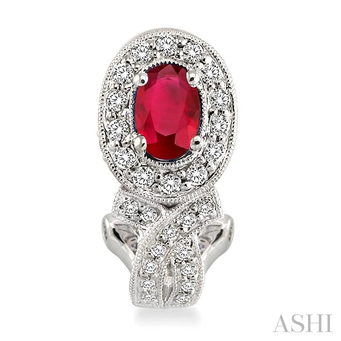 6x4 MM Oval Cut Ruby and 1 Ctw Round Cut Diamond Precious Earrings in 14K White Gold