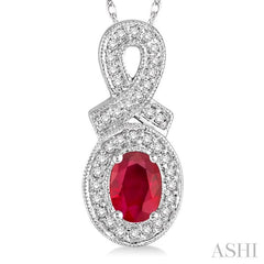 6x4 MM Oval Cut Ruby and 1/5 Ctw Round Cut Diamond Pendant in 14K White Gold with Chain