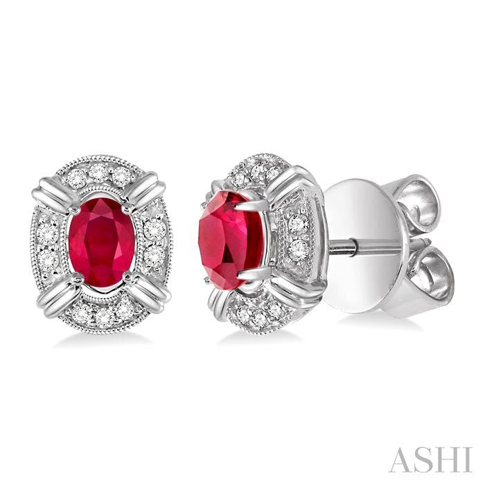 5x3 MM Oval Cut Ruby and 1/10 Ctw Round Cut Diamond Earrings in 14K White Gold