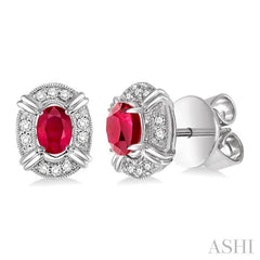 5x3 MM Oval Cut Ruby and 1/10 Ctw Round Cut Diamond Earrings in 14K White Gold