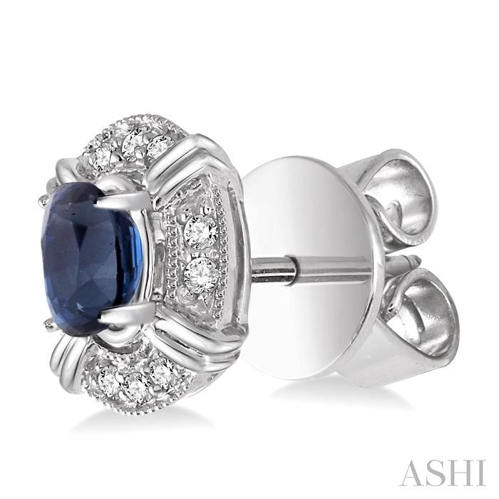 5x3 MM Oval Cut Sapphire and 1/10 Ctw Round Cut Diamond Earrings in 14K White Gold