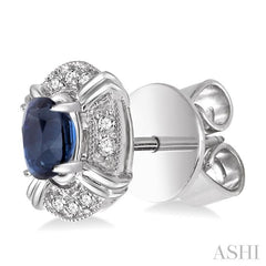 5x3 MM Oval Cut Sapphire and 1/10 Ctw Round Cut Diamond Earrings in 14K White Gold