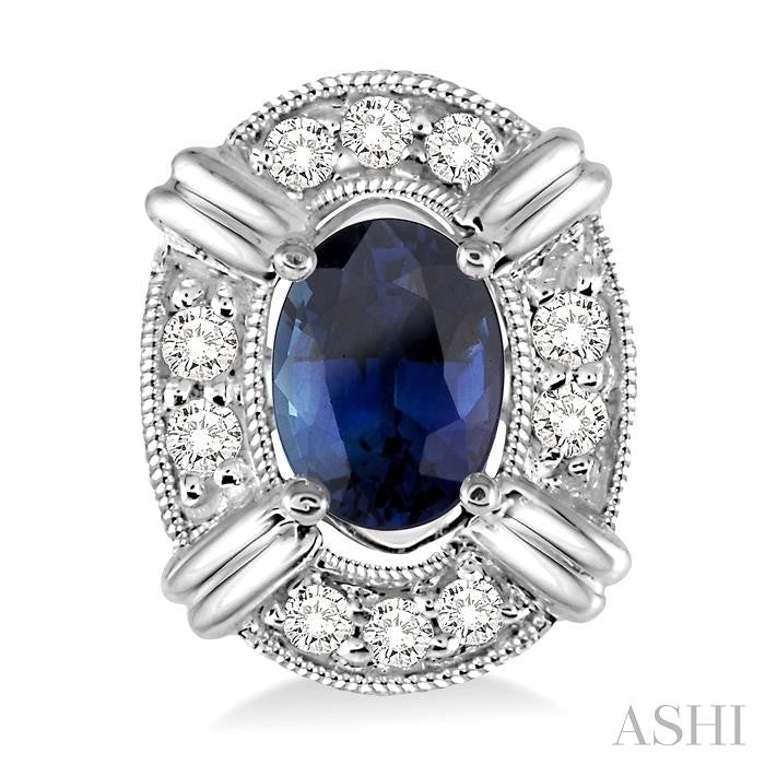 5x3 MM Oval Cut Sapphire and 1/10 Ctw Round Cut Diamond Earrings in 14K White Gold