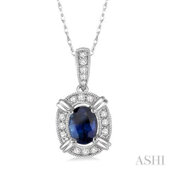 6x4 MM Oval Cut Sapphire and 1/10 Ctw Round Cut Diamond Pendant in 14K White Gold with Chain