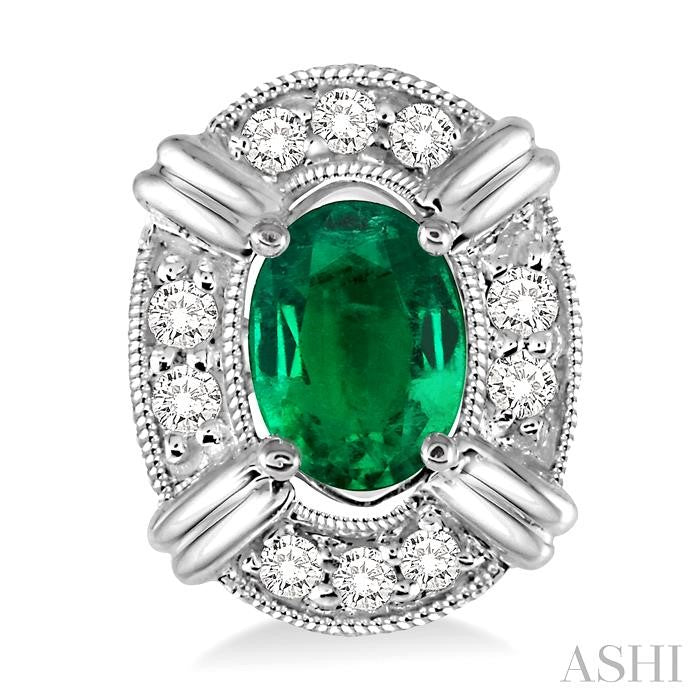 5x3 MM Oval Cut Emerald and 1/10 Ctw Round Cut Diamond Earrings in 10K White Gold