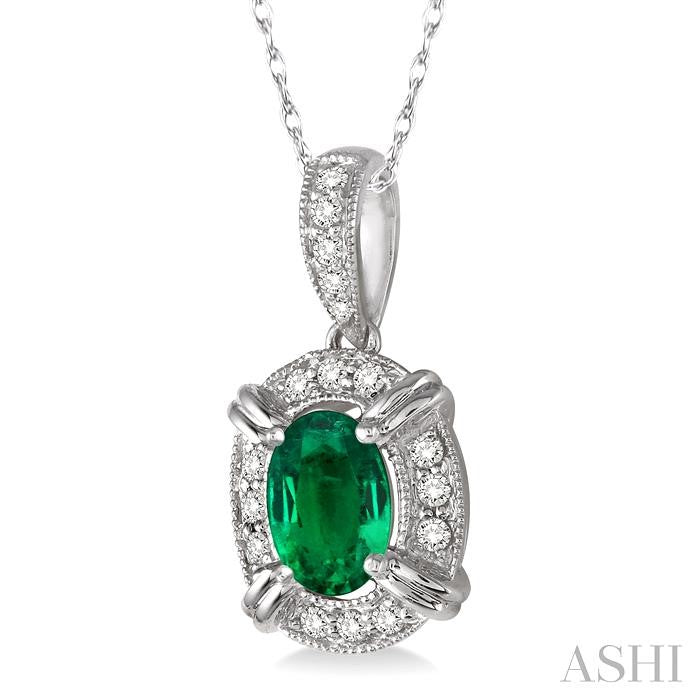 6x4 MM Oval Cut Emerald and 1/10 Ctw Round Cut Diamond Pendant in 10K White Gold with Chain