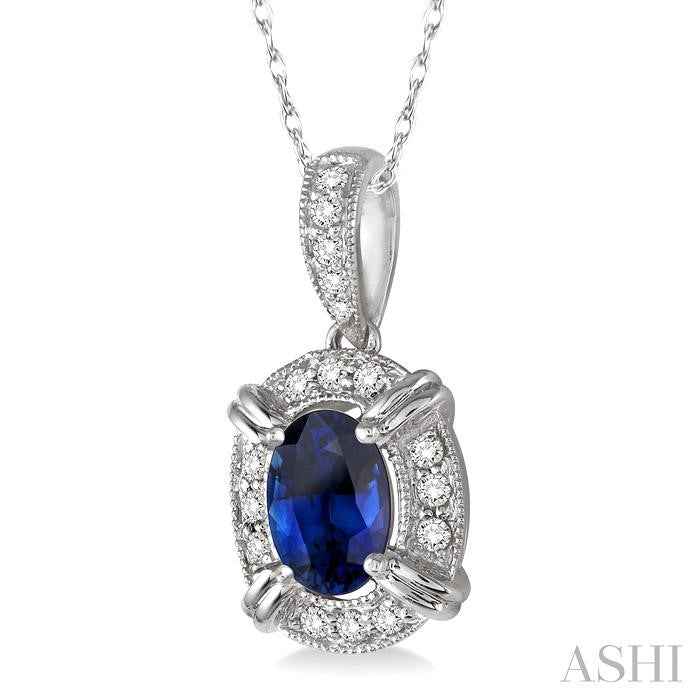 6x4 MM Oval Cut Sapphire and 1/10 Ctw Round Cut Diamond Pendant in 10K White Gold with Chain