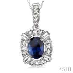 6x4 MM Oval Cut Sapphire and 1/10 Ctw Round Cut Diamond Pendant in 10K White Gold with Chain