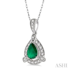 6x4 MM Pear Shape Emerald and 1/10 Ctw Round Cut Diamond Pendant in 10K White Gold with Chain