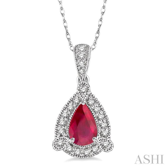 6x4 MM Pear Shape Ruby and 1/10 Ctw Round Cut Diamond Pendant in 10K White Gold with Chain