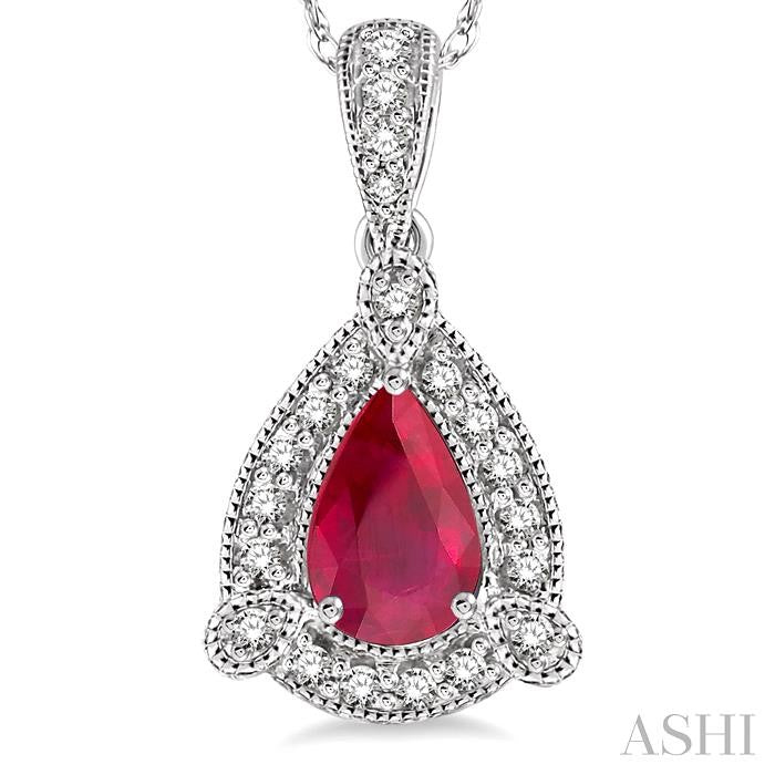 6x4 MM Pear Shape Ruby and 1/10 Ctw Round Cut Diamond Pendant in 10K White Gold with Chain