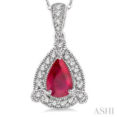 6x4 MM Pear Shape Ruby and 1/10 Ctw Round Cut Diamond Pendant in 10K White Gold with Chain