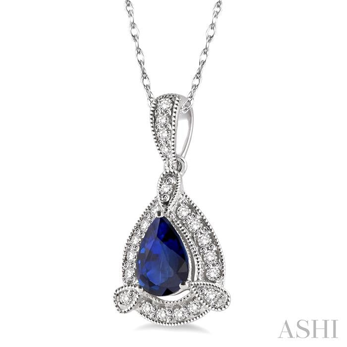 6x4 MM Pear Shape Sapphire and 1/10 Ctw Round Cut Diamond Pendant in 10K White Gold with Chain