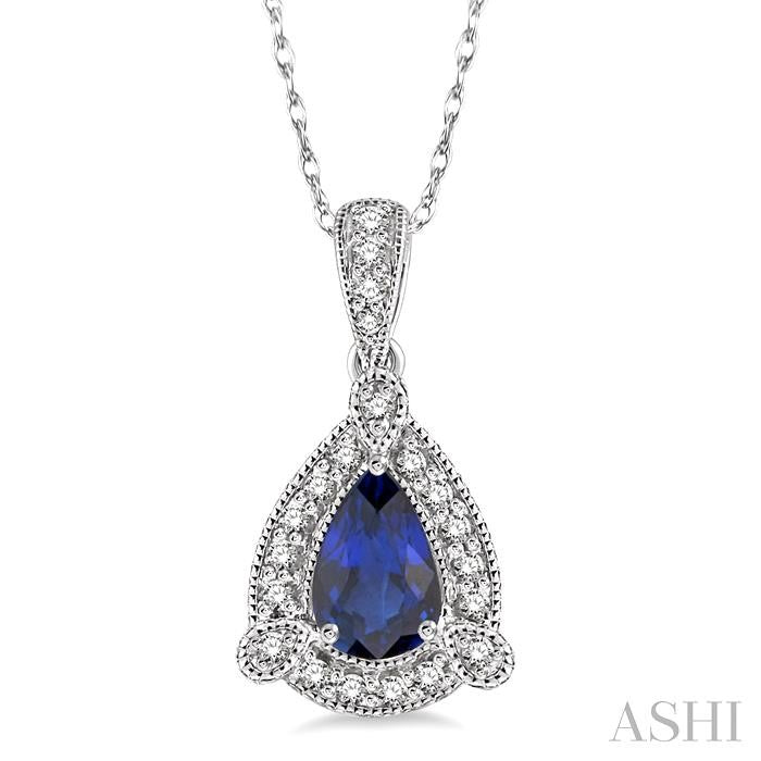 6x4 MM Pear Shape Sapphire and 1/10 Ctw Round Cut Diamond Pendant in 10K White Gold with Chain