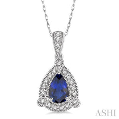 6x4 MM Pear Shape Sapphire and 1/10 Ctw Round Cut Diamond Pendant in 10K White Gold with Chain
