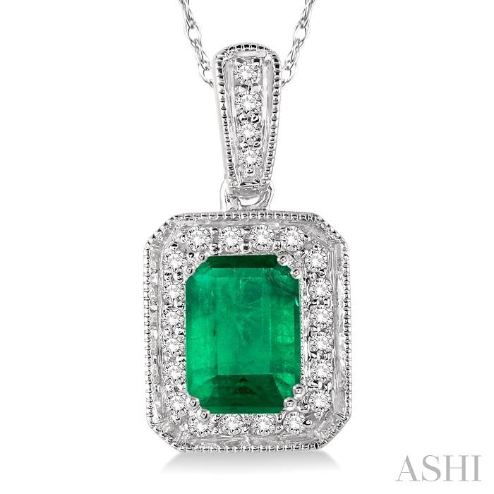 6x4 MM Emerald Shape Emerald and 1/5 Ctw Round Cut Diamond Pendant in 14K White Gold with Chain
