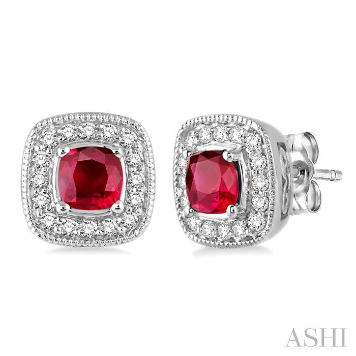 4x4 MM Cushion Shape Ruby and 1/5 Ctw Round Cut Diamond Earrings in 14K White Gold