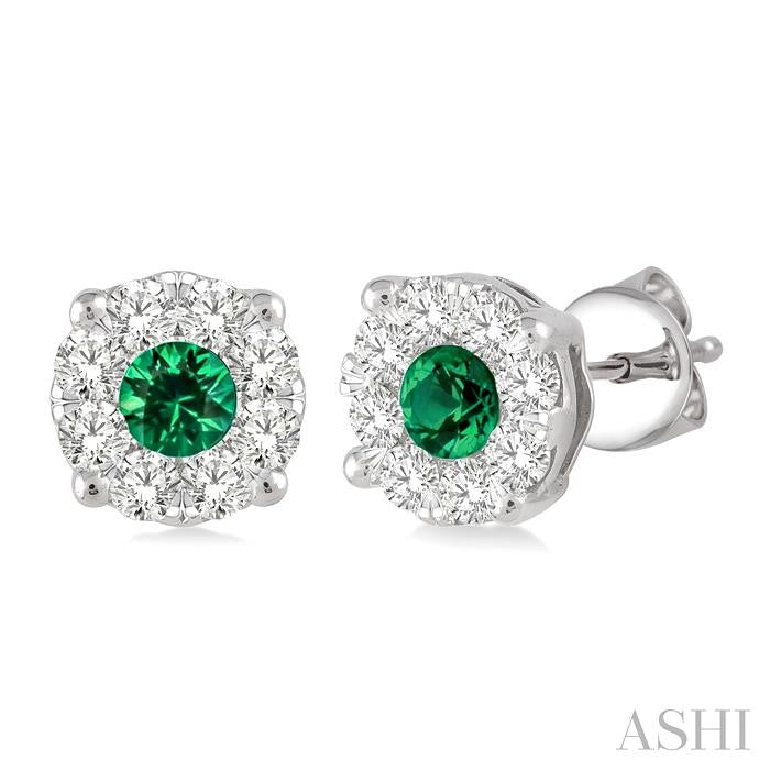 3.3 MM Round Cut Emerald and 1/2 Ctw Lovebright Diamond Precious Earrings in 14K White Gold