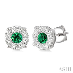 3.3 MM Round Cut Emerald and 1/2 Ctw Lovebright Diamond Precious Earrings in 14K White Gold