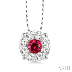 3.8 MM Round Cut Ruby and 1/3 Ctw Lovebright Precious Pendant in 14K White Gold with Chain