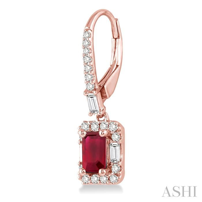 5x3 MM Octagon Cut Ruby and 1/2 Ctw Round Cut Diamond Precious Earrings in 14K Rose Gold
