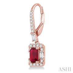 5x3 MM Octagon Cut Ruby and 1/2 Ctw Round Cut Diamond Precious Earrings in 14K Rose Gold