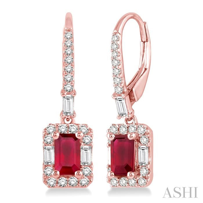 5x3 MM Octagon Cut Ruby and 1/2 Ctw Round Cut Diamond Precious Earrings in 14K Rose Gold